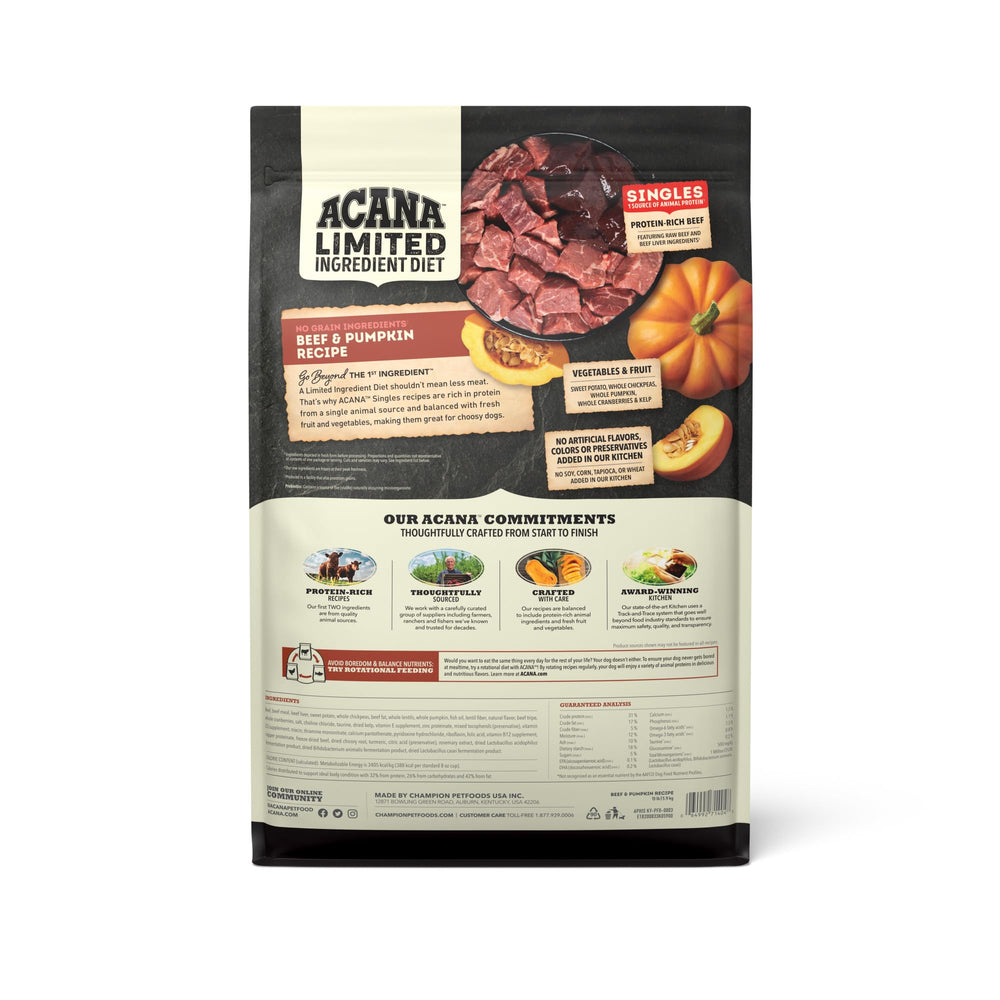 ACANA Singles Res-Calabaza, ingredientes de proteína visibles, enfoque en dieta de fuente única para perros.