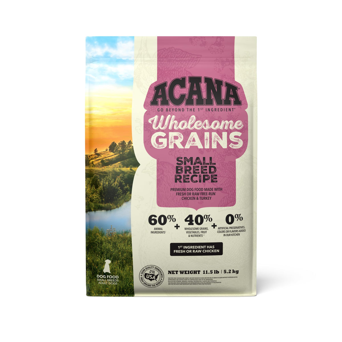 ACANA Wholesome Grains para perros de raza pequeña, bolsa de 11,5 libra, apoyo digestivo.