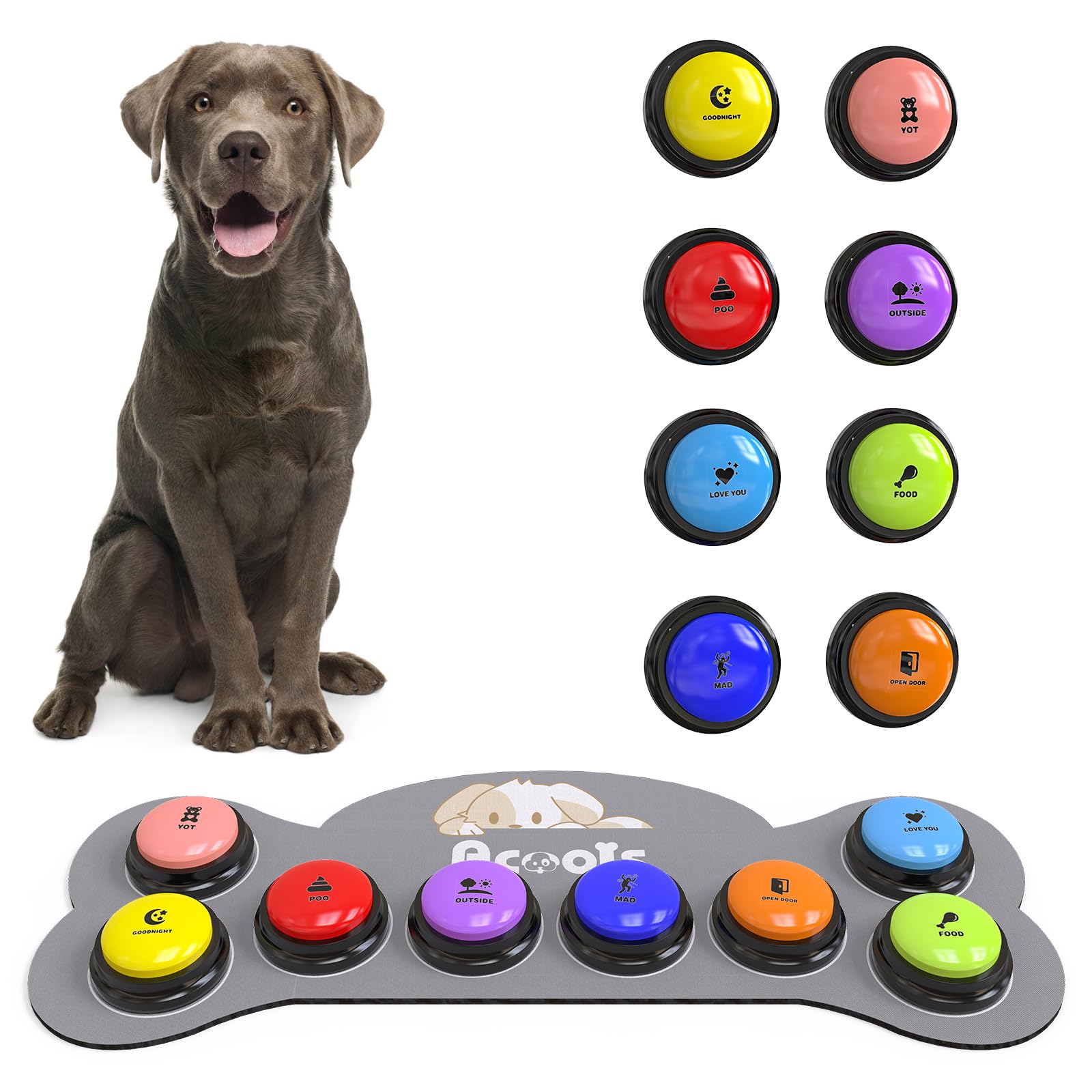 Botones Acools de ocho colores para comunicar necesidades del perro.