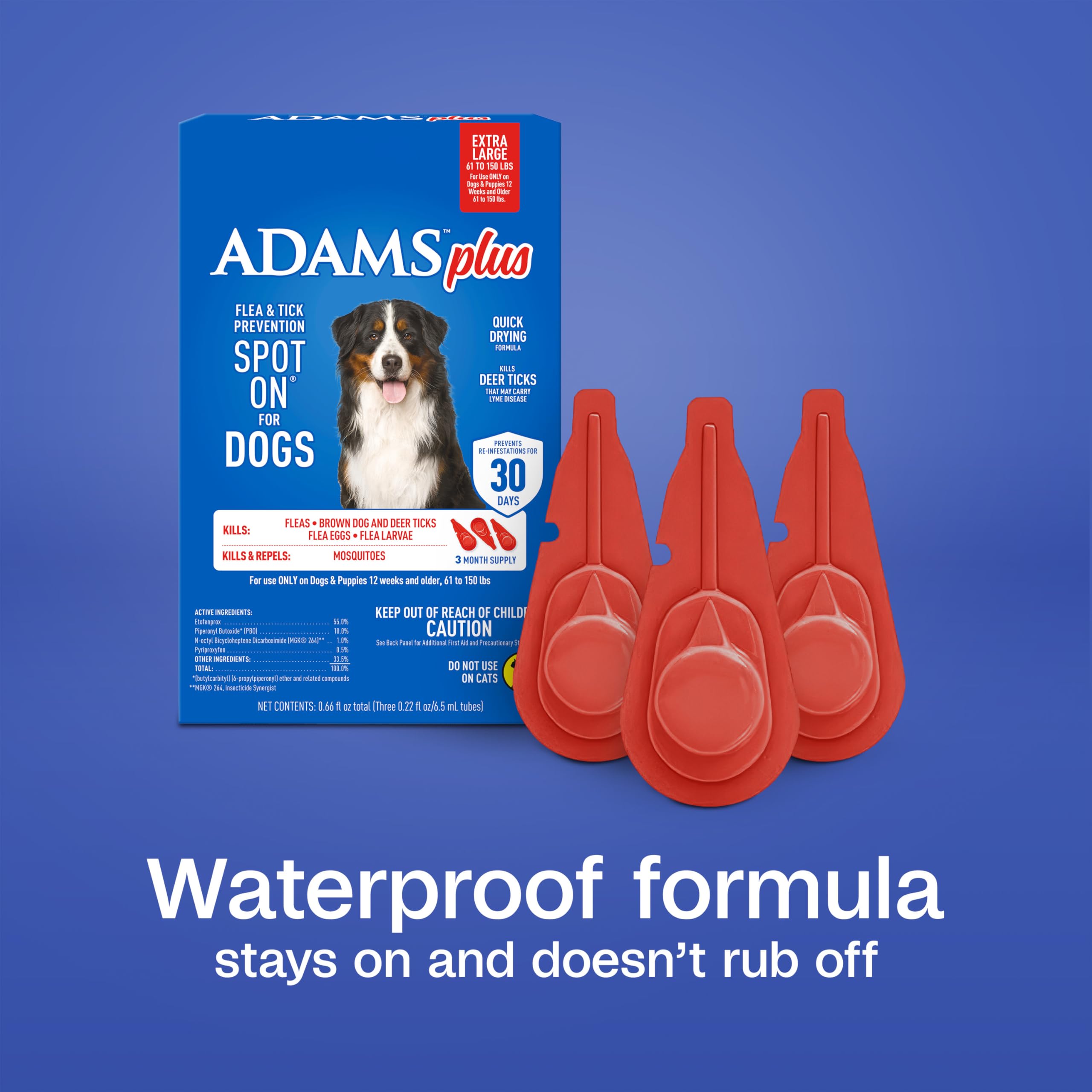 ADAMS Plus caja con 3 unidades listos para tres meses de protección.