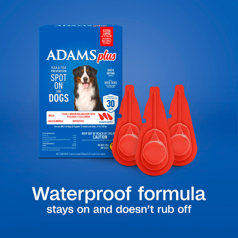 ADAMS Plus caja con 3 unidades listos para tres meses de protección.