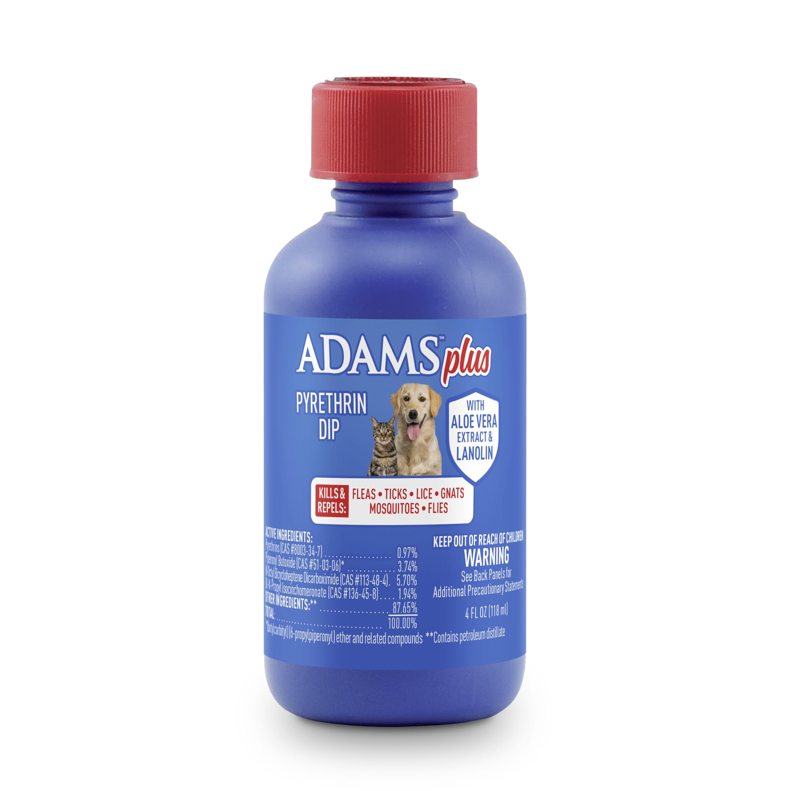 ADAMS Plus Pyrethrin Dip para perros y gatos en botella, listo para usar contra pulgas y garrapatas.