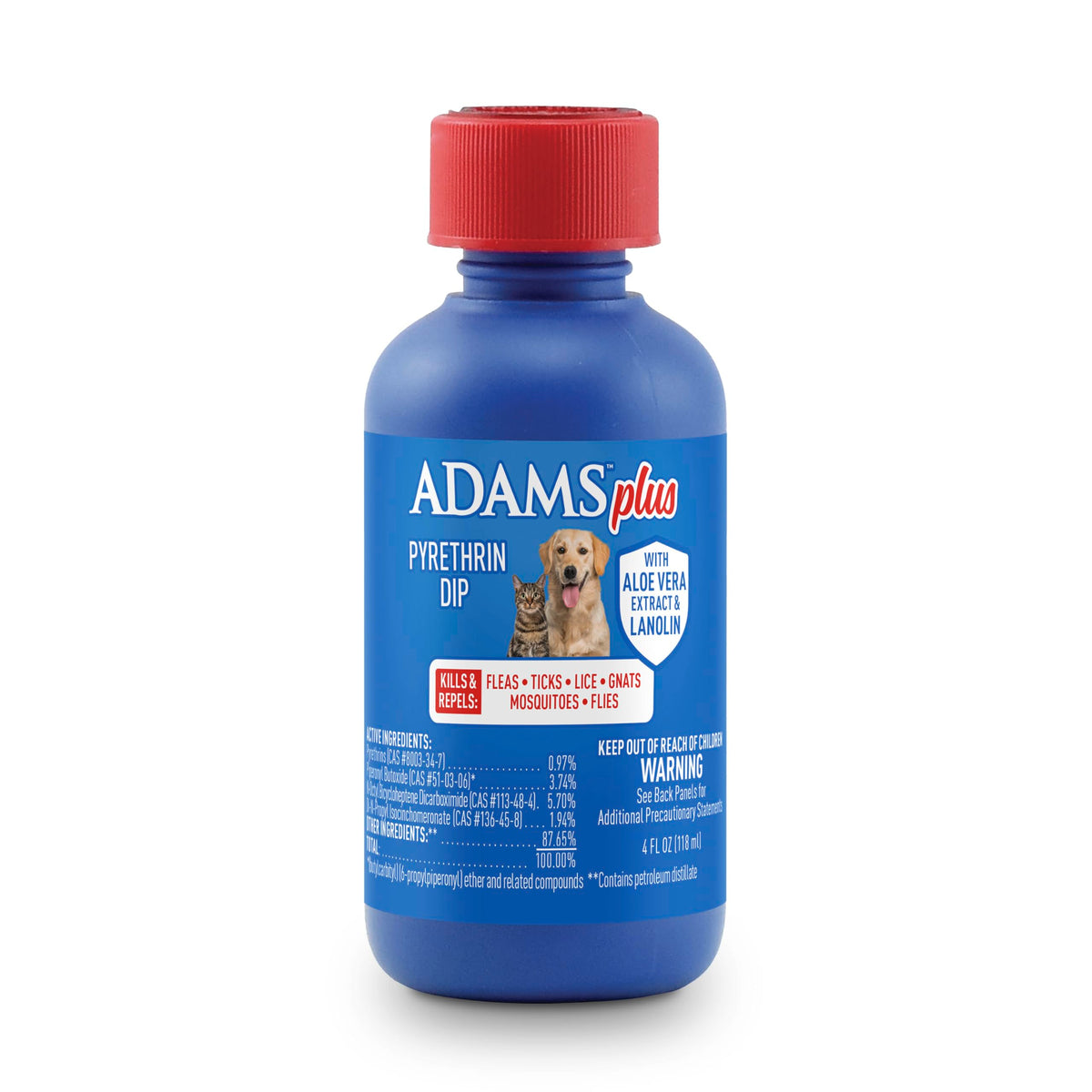 ADAMS Plus Pyrethrin Dip para perros y gatos en botella, listo para usar contra pulgas y garrapatas.