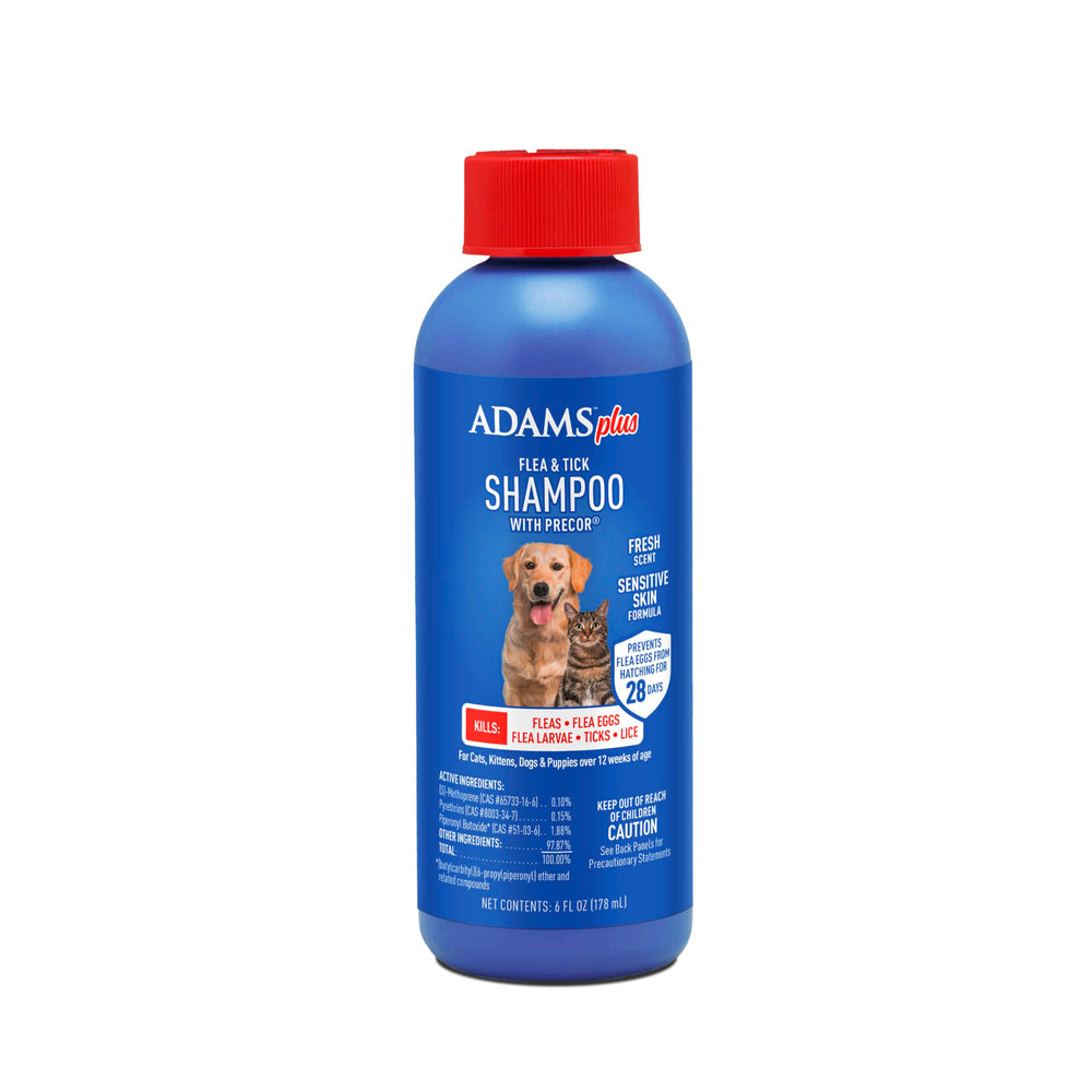ADAMS Plus Shampooing puces et tiques — bouteille prête à l’emploi pour chiens et chats.