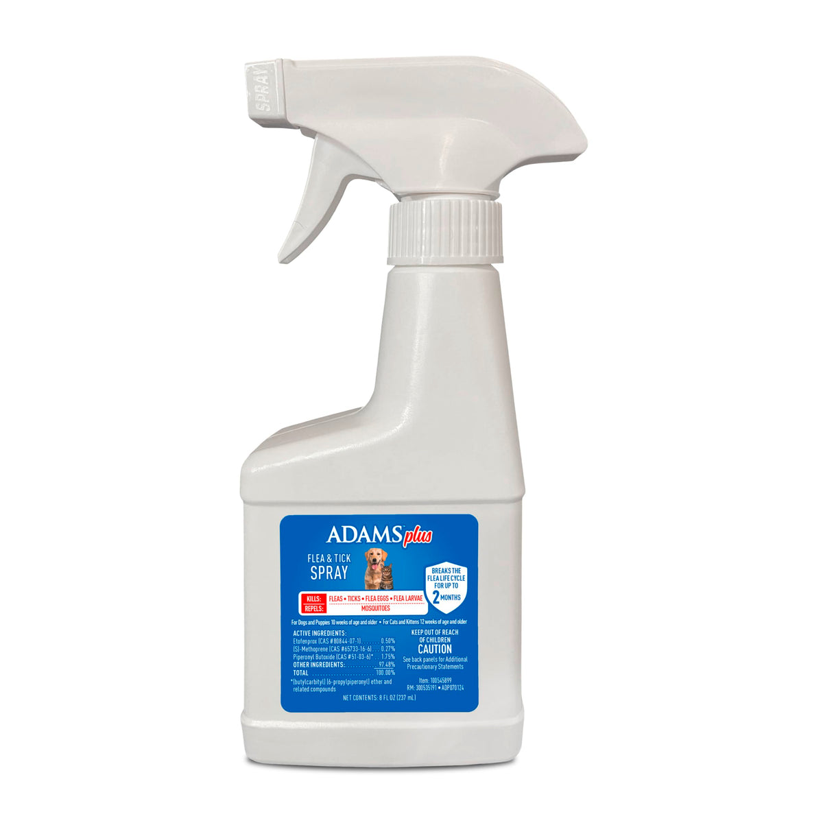 ADAMS Plus pulverizador para pulgas y garrapatas en perros y gatos, acción rápida.