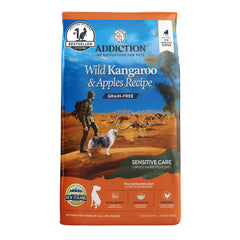 Addiction envase frontal canguro salvaje, alimento seco para perros con alergias.