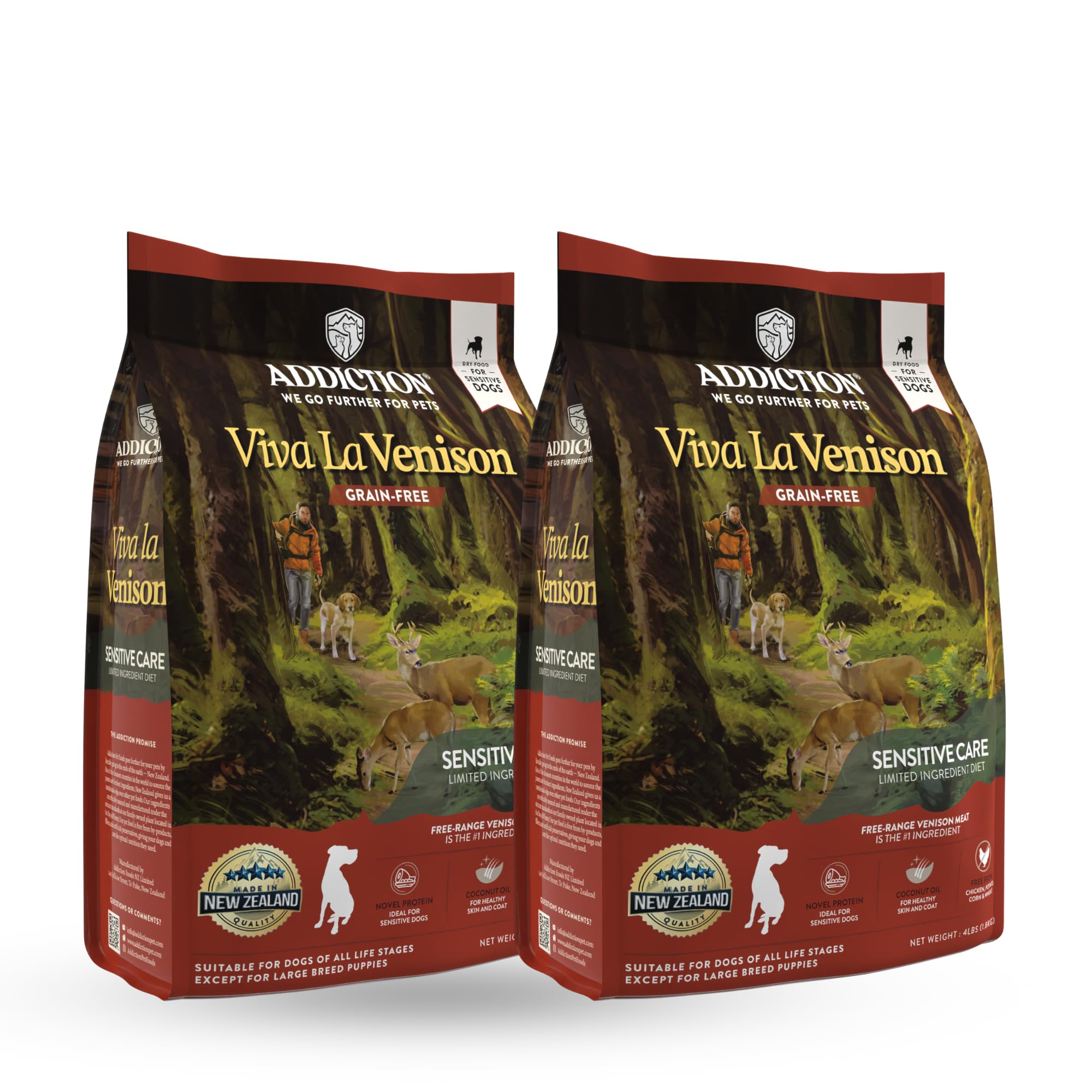 Addiction Viva La Venison: empaque 2x4 lb, práctico para alimentar perros.