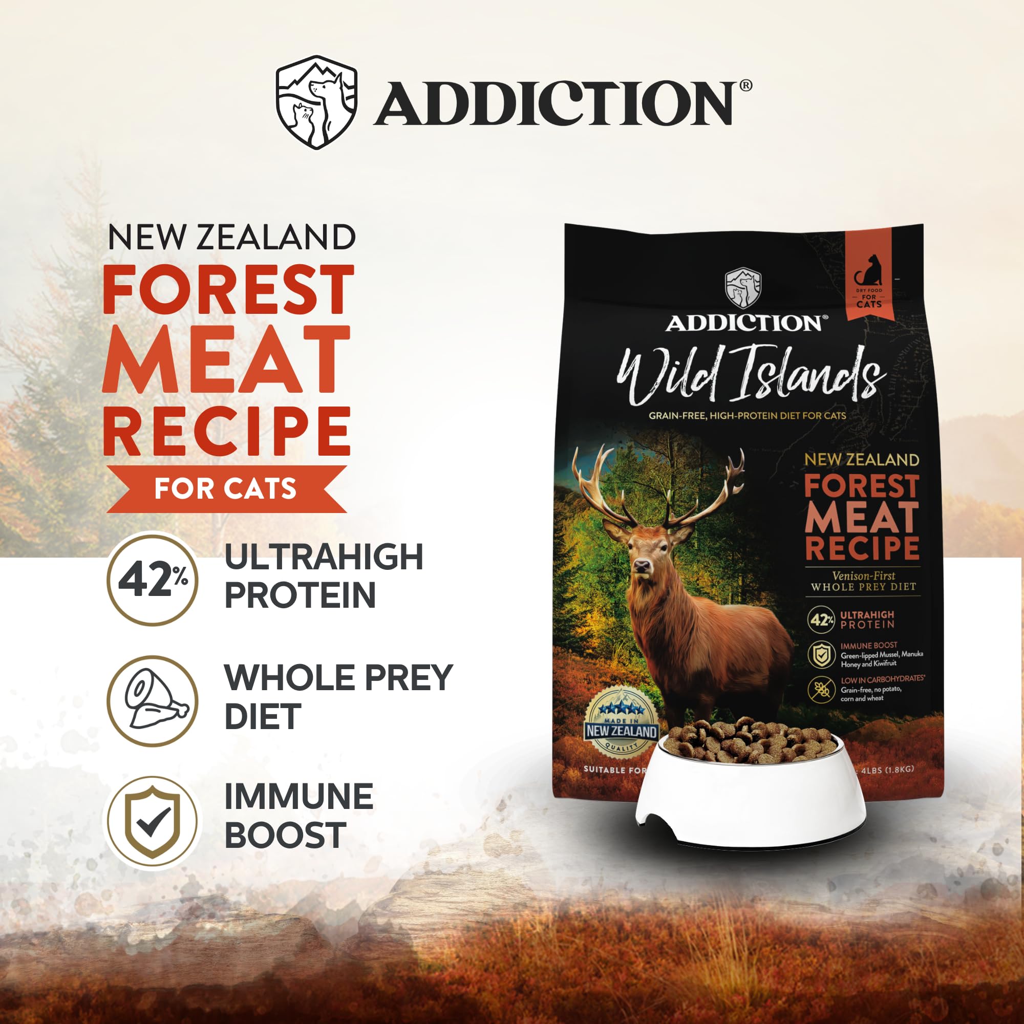 Addiction Wild Islands alta proteína para gatos, foco en venado