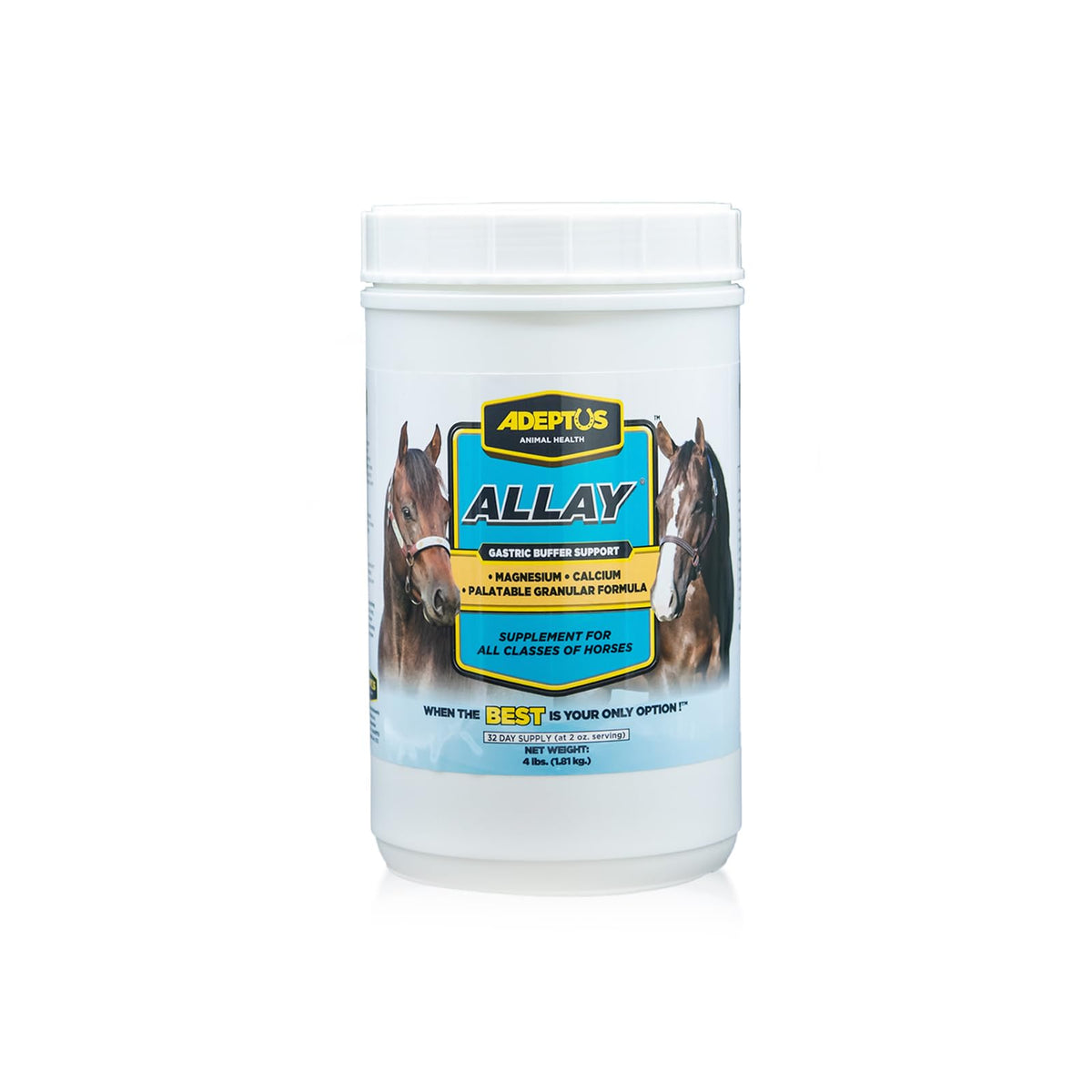 Allay de Adeptus Nutrition en lata, suplemento equino digestivo para la función intestinal.