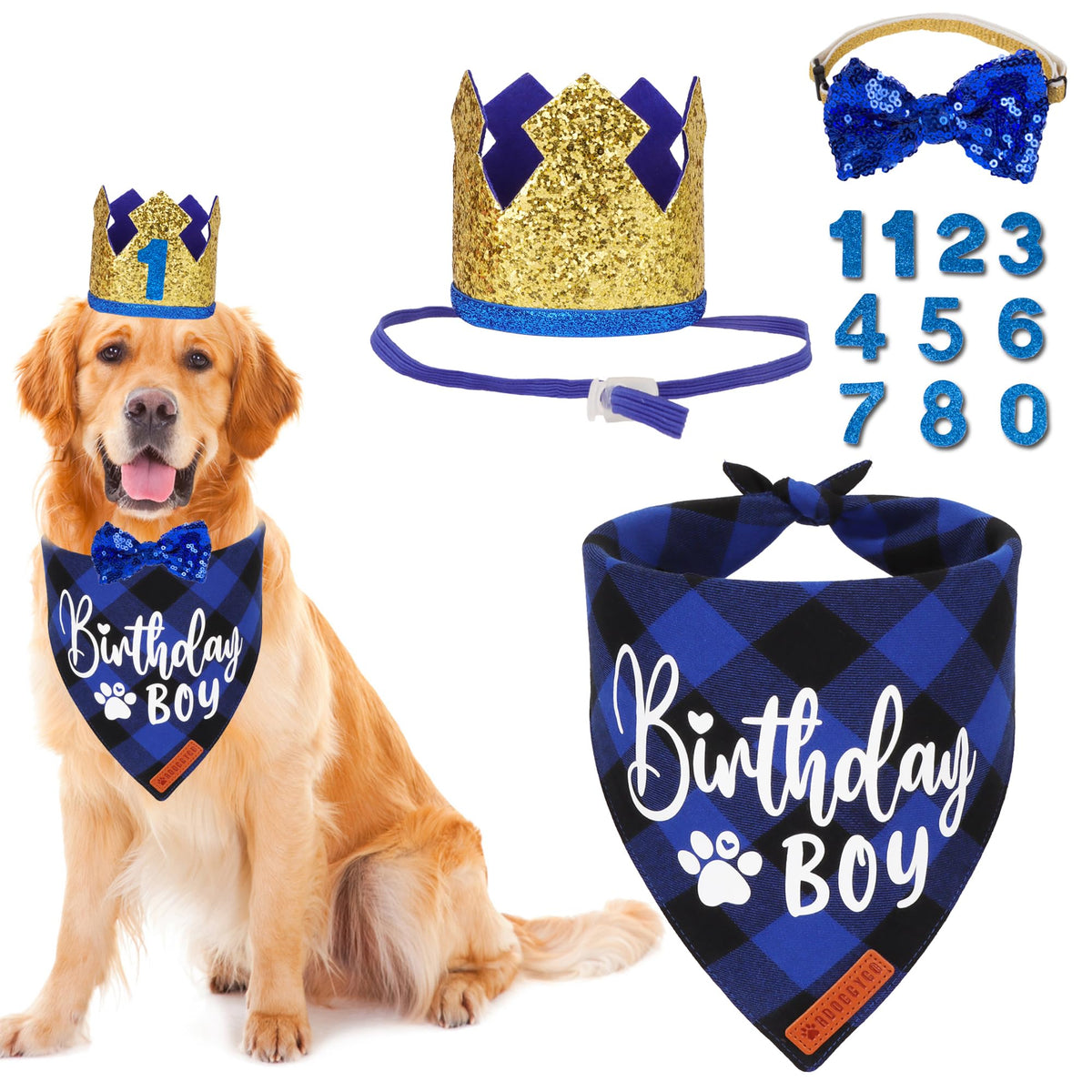 Bandana ADOGGYGO para perro azul a cuadros, ideal para fotos de cumpleaños
