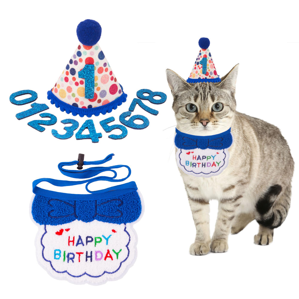 ADOGGYGO sombrero de cumpleaños para gato azul, ideal para fotos y fiestas.