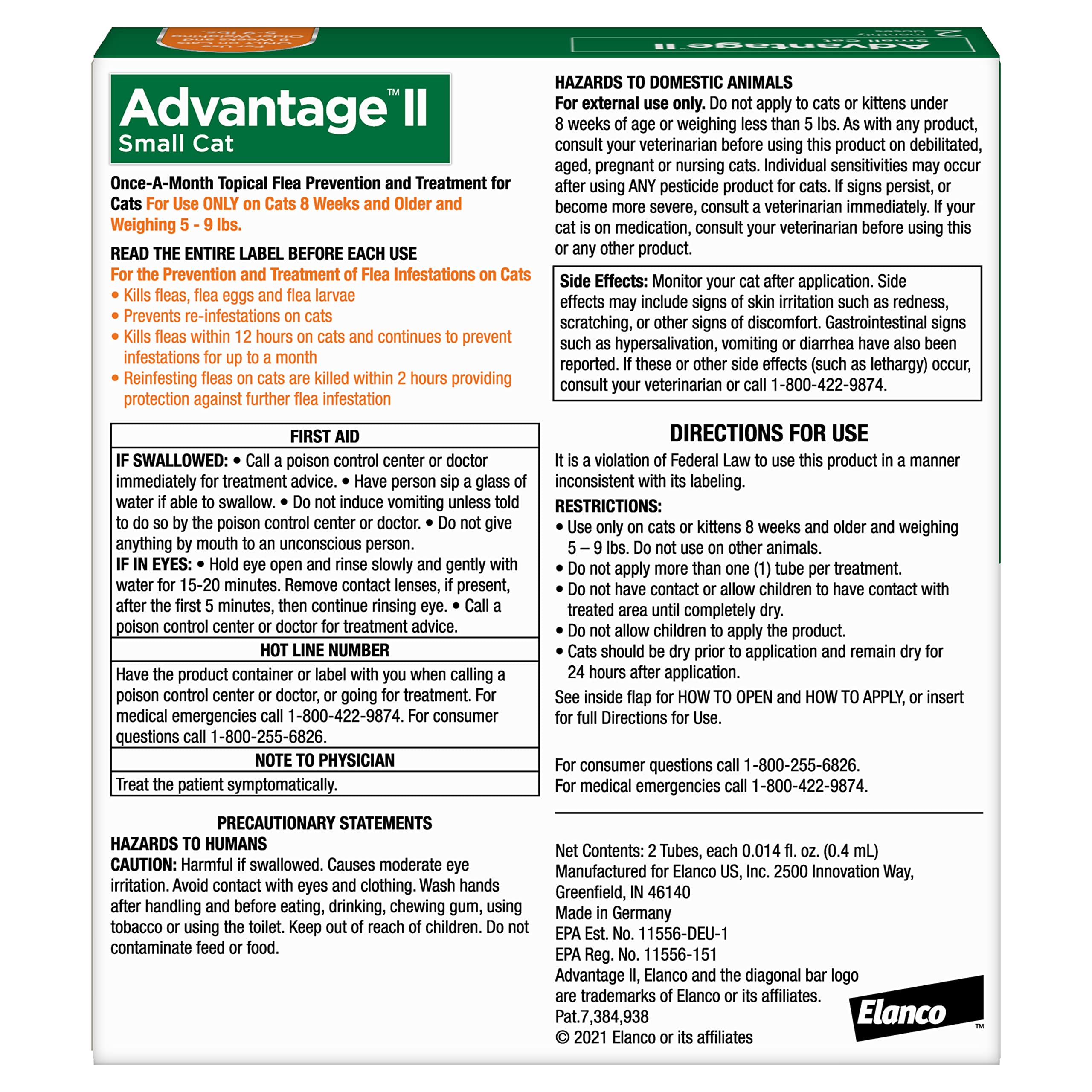 Advantage II Gato Pequeño: elimina pulgas adultas al contacto sin mordidas.