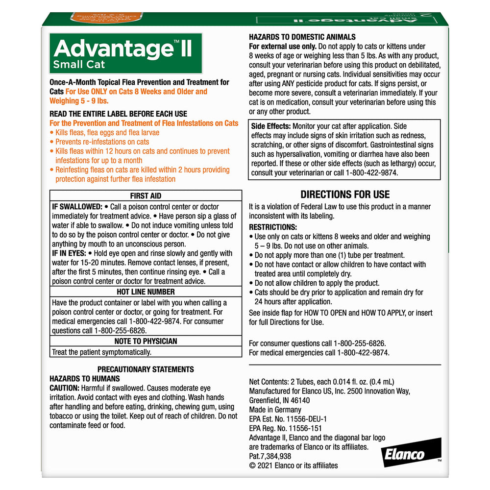 Advantage II Gato Pequeño: elimina pulgas adultas al contacto sin mordidas.