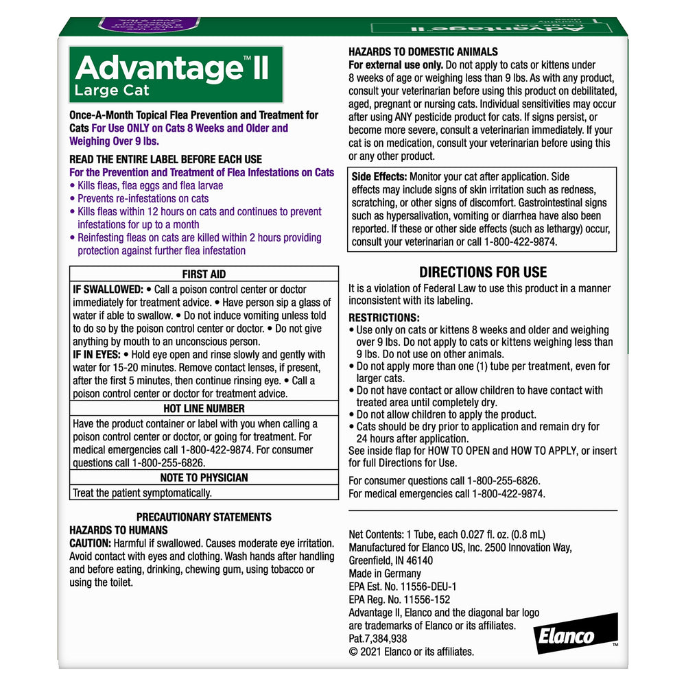 Advantage II Large Cat elimina pulgas adultas en gatos grandes.