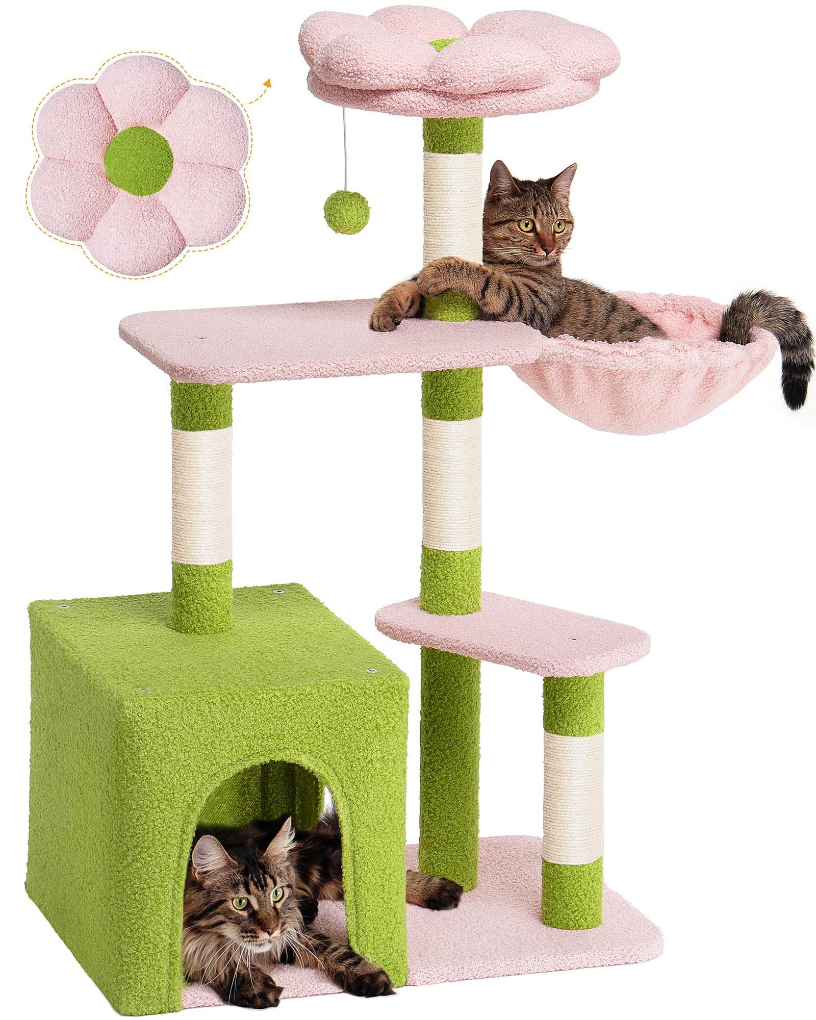 Aechonow Flower arbol para gatos interior con dos puertas; cueva espaciosa para felinos grandes.