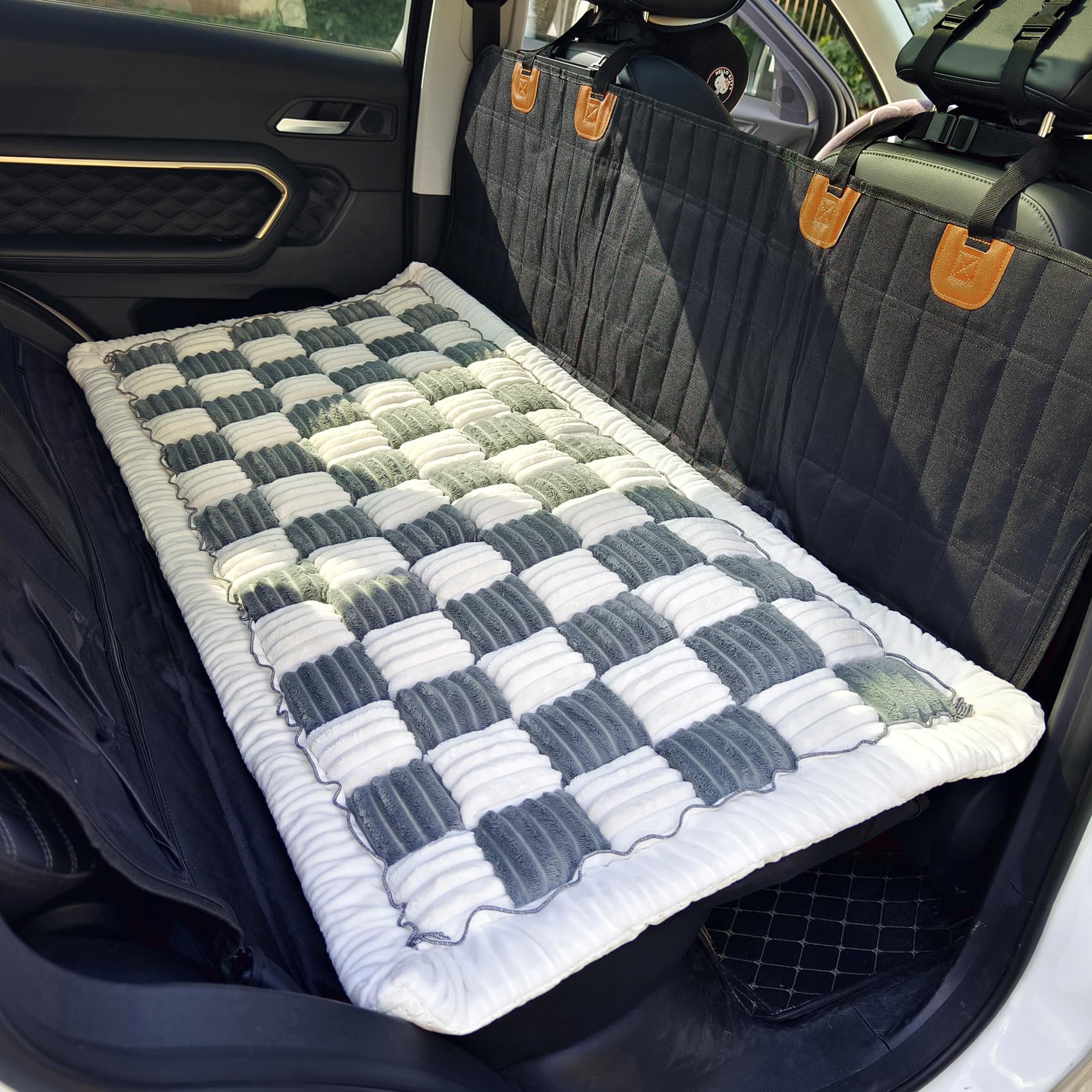 AEEISHOMEREFORM cama-asiento mascota, diseño de cuadros azul gris, protege el coche de arañazos.