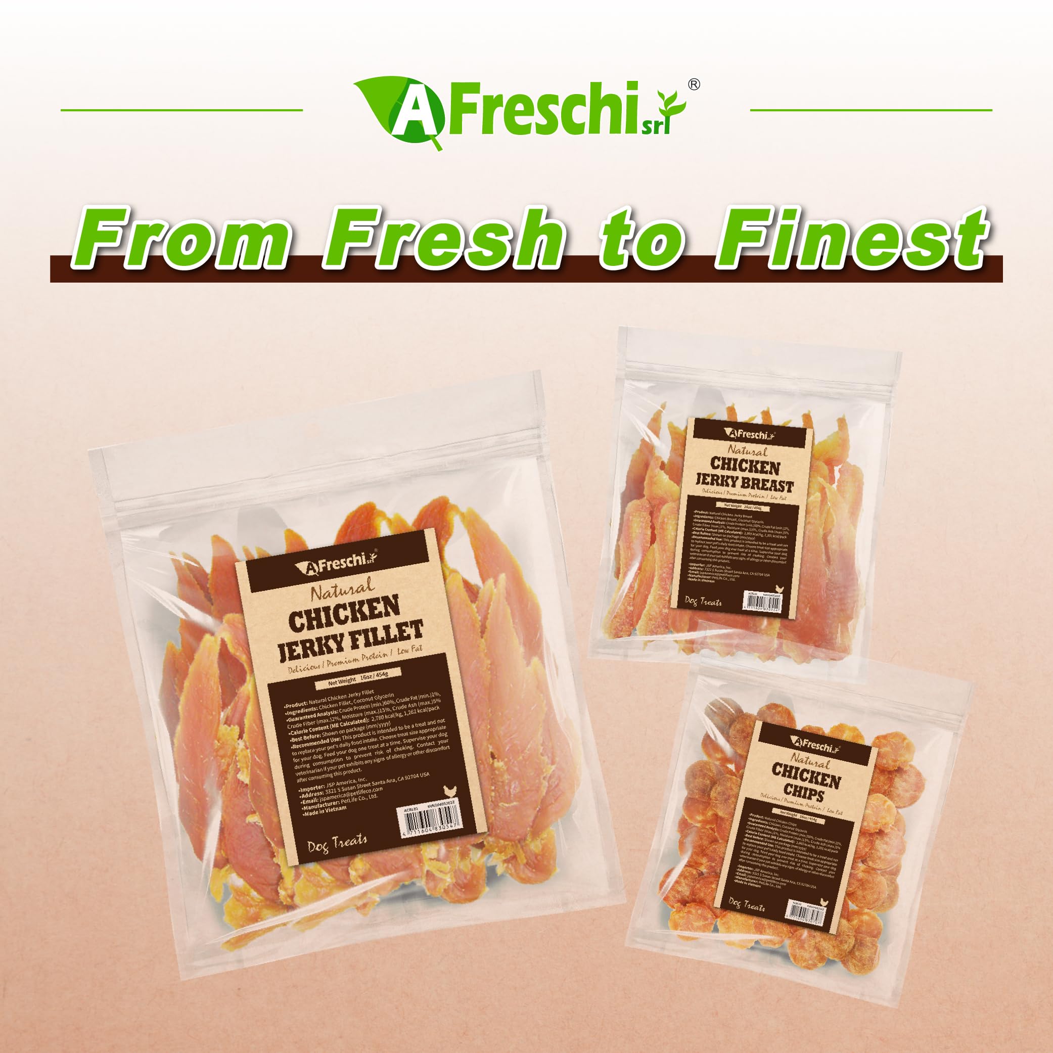 A Freschi Jerky de Pollo, porciones de 454 g para perros.