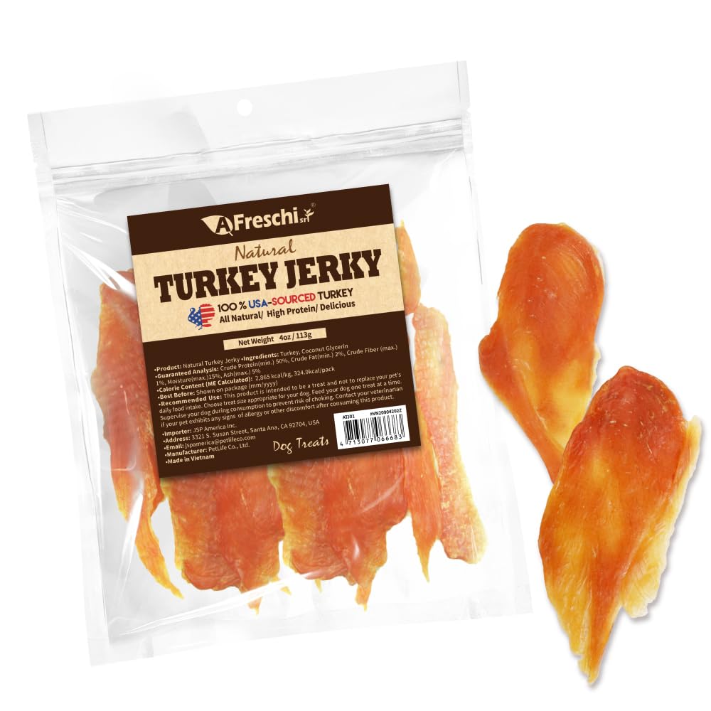 A Freschi pavo natural para perros, paquete visible, ideal como recompensa de entrenamiento.