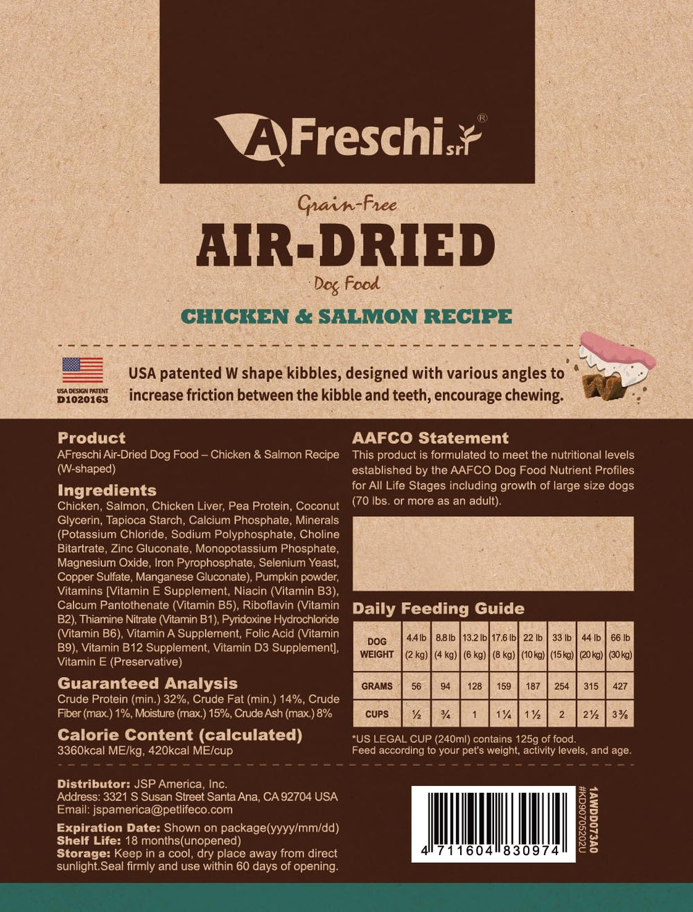 A Freschi Srl alimento para cachorros deshidratado al aire con pollo y salmón.