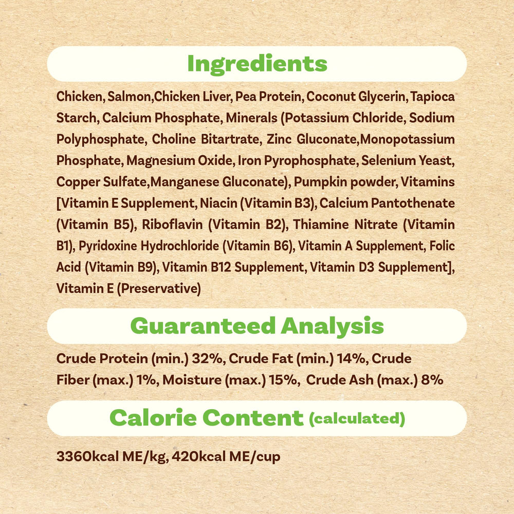 A Freschi Srl ingredientes naturales, pollo y salmón, alimento para perros.