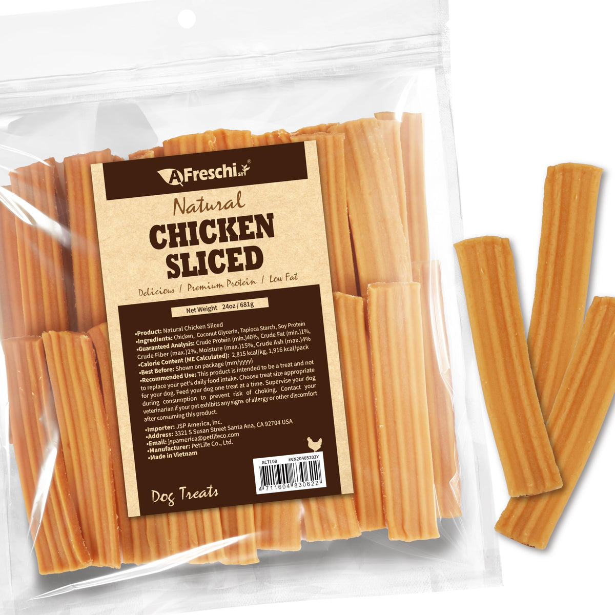 A Freschi srl: empaque-frente-lonchas-de-pollo, premio sabroso para perros.