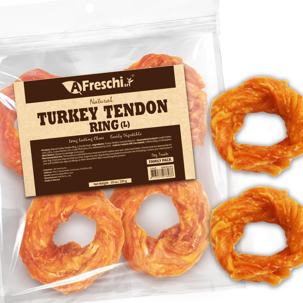 A Freschi srl tendones de pavo EE. UU. empaque 10 onzas: snack proteico natural para perros grandes.