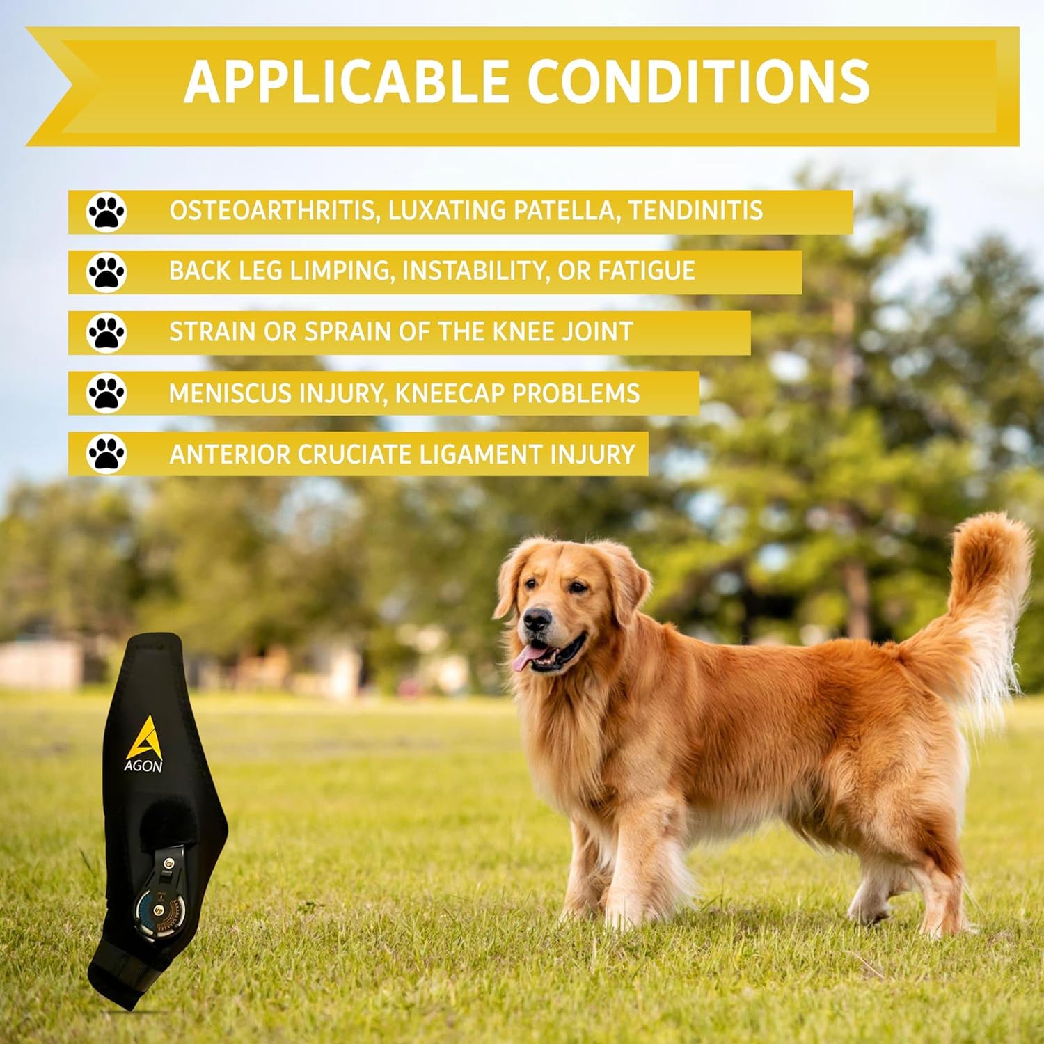 Rodillera AGON para perro, enfoque en recuperación y movilidad, material transpirable.
