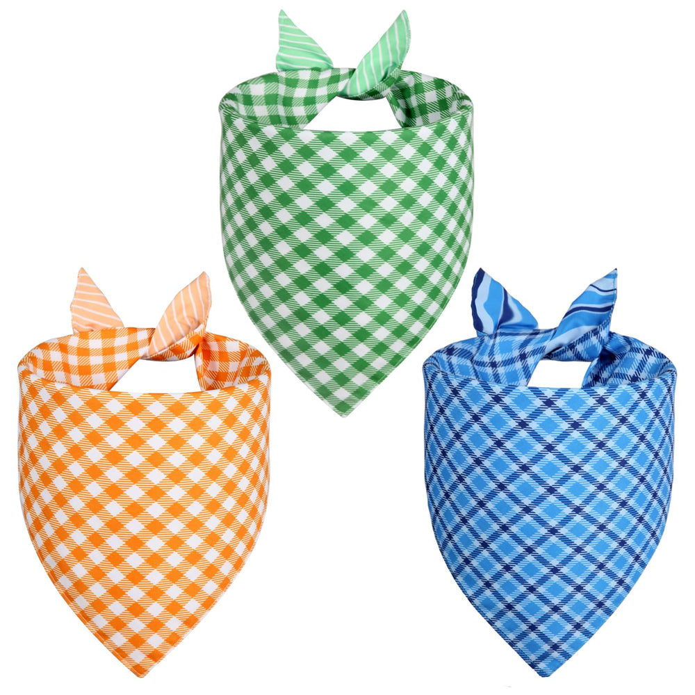 Bandanas Agroon de doble cara en naranja, azul y verde para perros; estilo reversible.