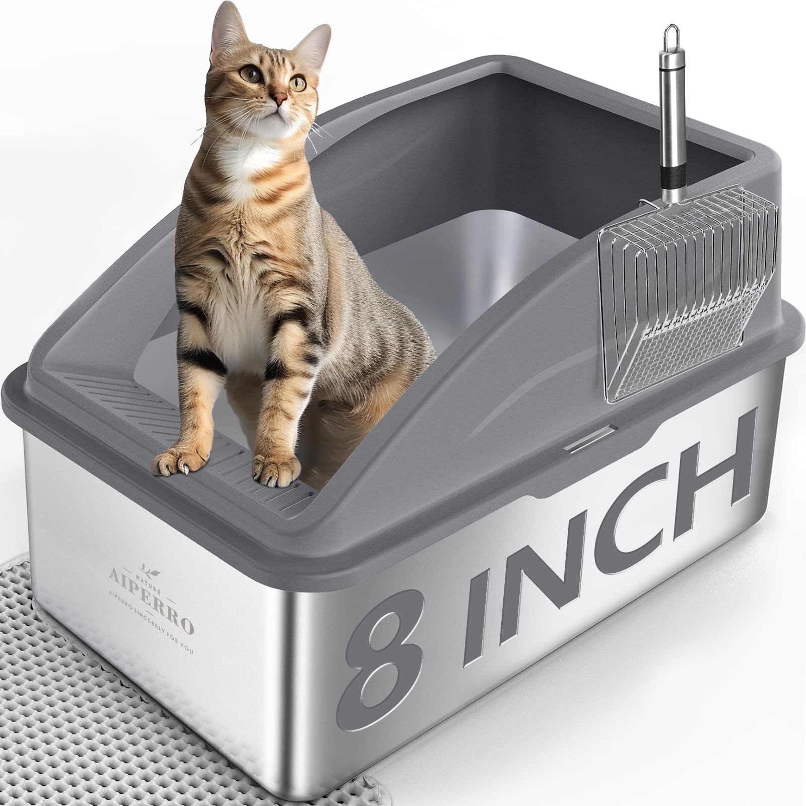 AIPERRO caja de arena acero inoxidable 8 pulgadas de profundidad, ideal para gatos grandes.