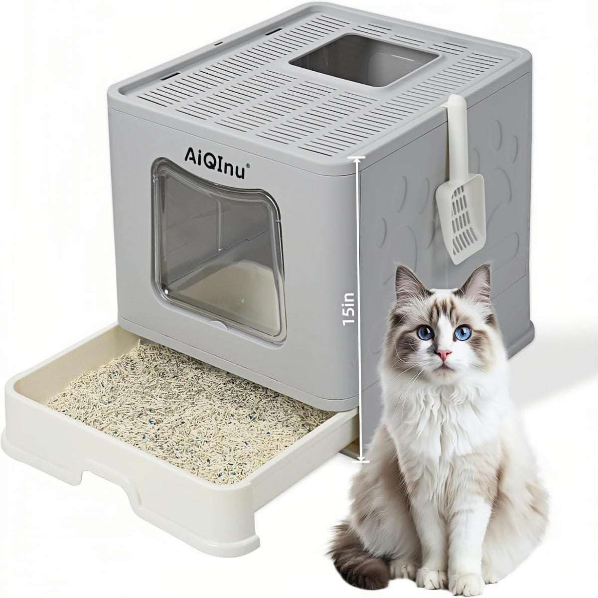 AiQInu XLarge 80L caja de arena plegable abierta con tapa, fácil almacenamiento
