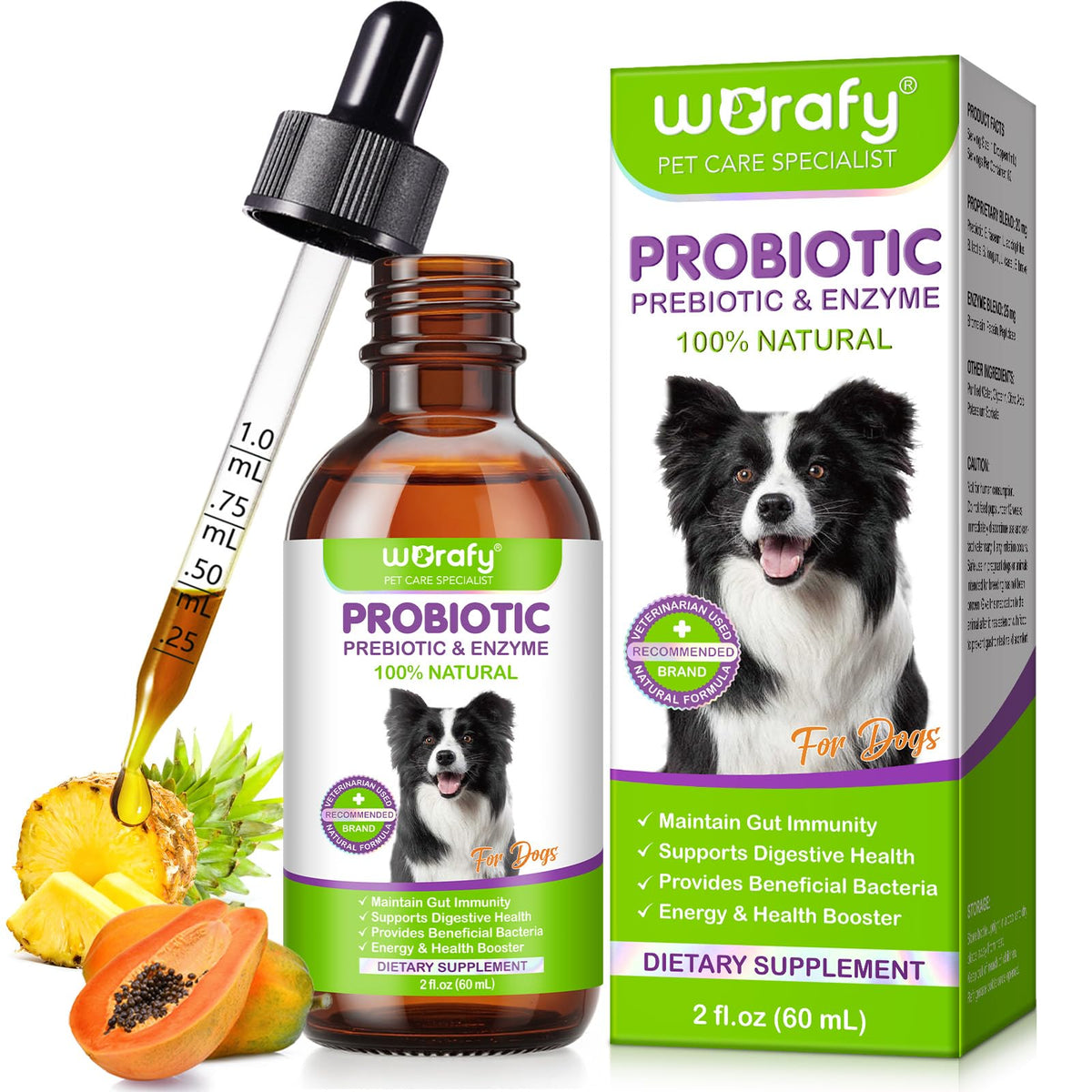 Akareni Probiotico líquido para perros, gota de dosificación para equilibrio digestivo.
