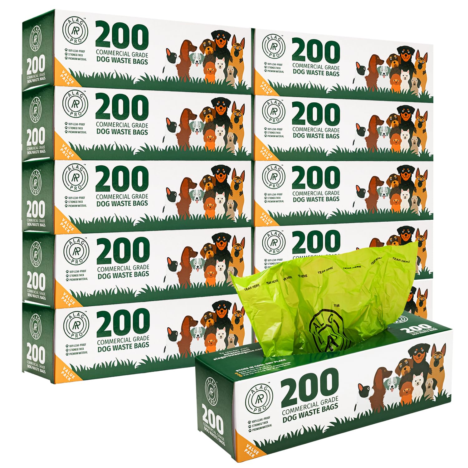 ALAGPRO: caja de 10 rollos de bolsas para desechos caninos, ideal para estaciones públicas.