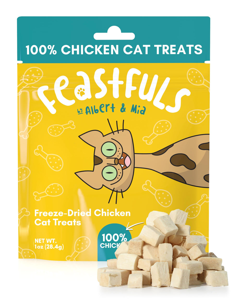 ALBERT & MIA Feastfuls: empaque frontal, premio natural para gatos y entrenamiento.