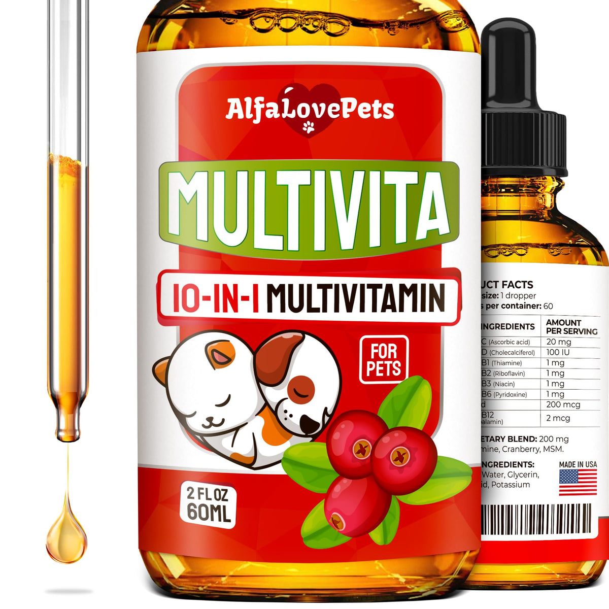 Alfa Love Pets multivitamínico líquido para perros y gatos en botella, cuidado diario