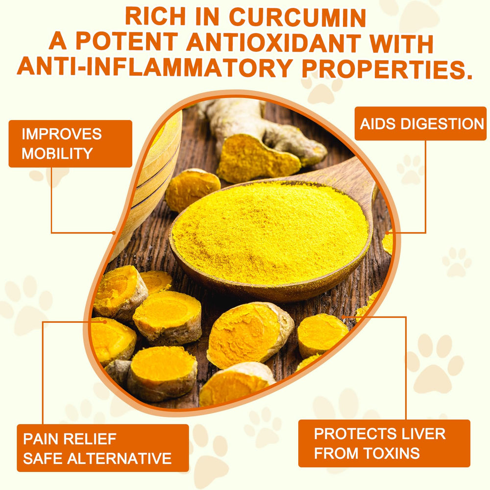 ALIVO Turmeric para perros, etiqueta detallada, ingredientes y dosis para movilidad.