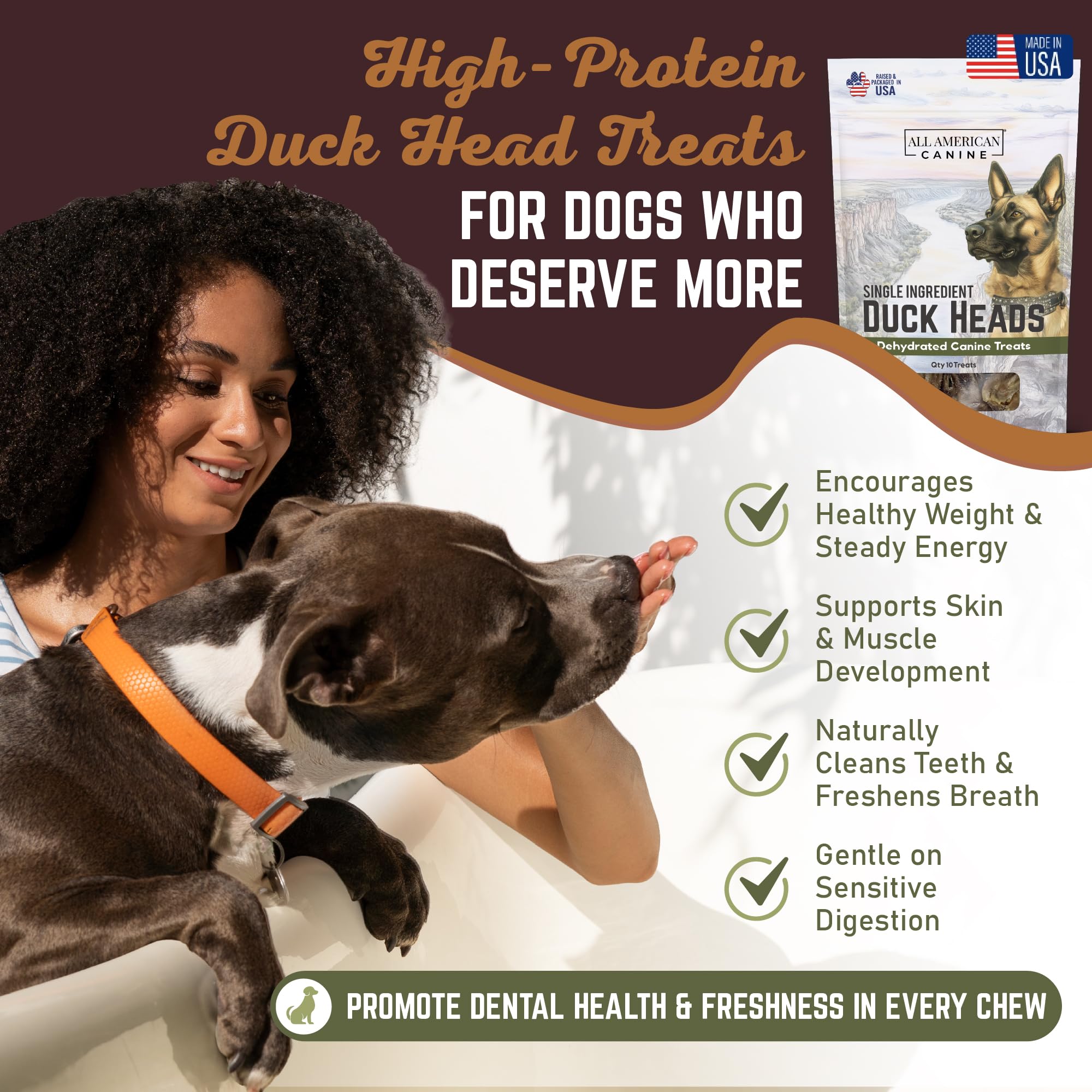 All American Canine: cabezas de pato deshidratadas, textura masticable.