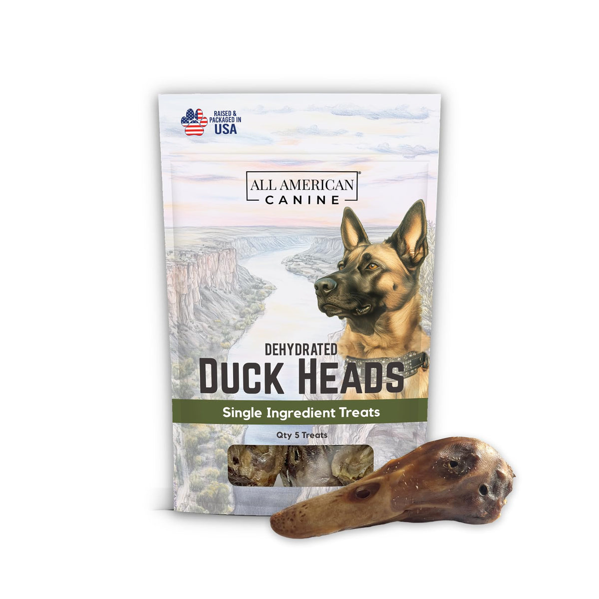 All American Canine, cabezas de pato secas, ideal como snack proteico para perros.