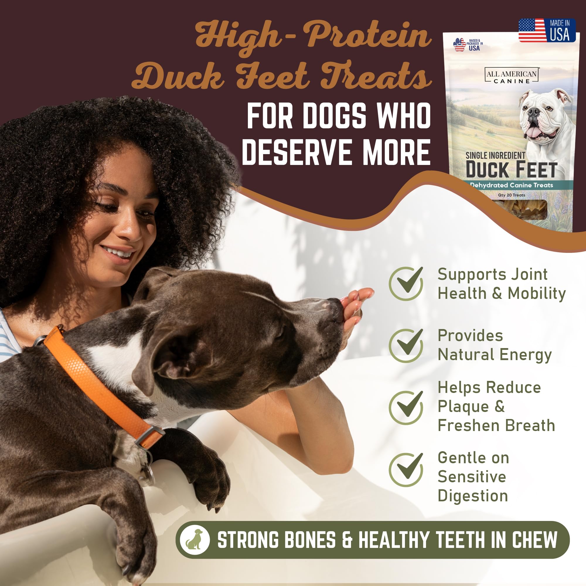 All American Canine ingrediente unico pato para snack 100% natural.
