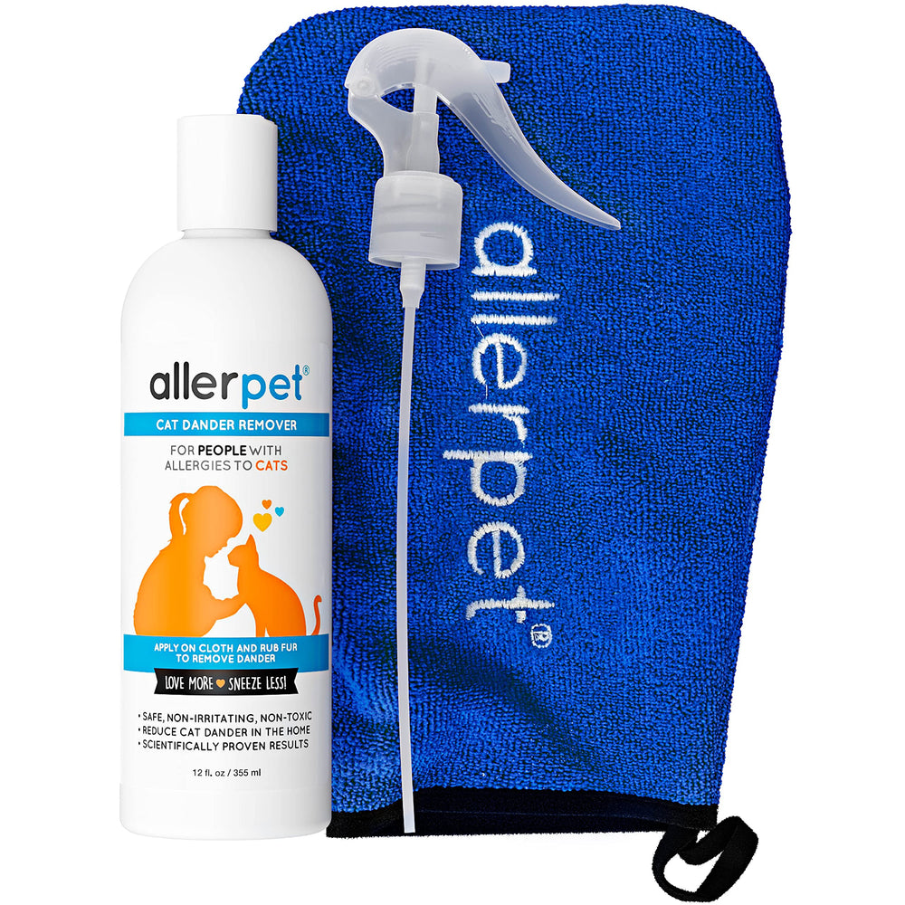 Allerpet eliminador de caspa de gato sin aloe vera en botella de 12 oz, uso sencillo.