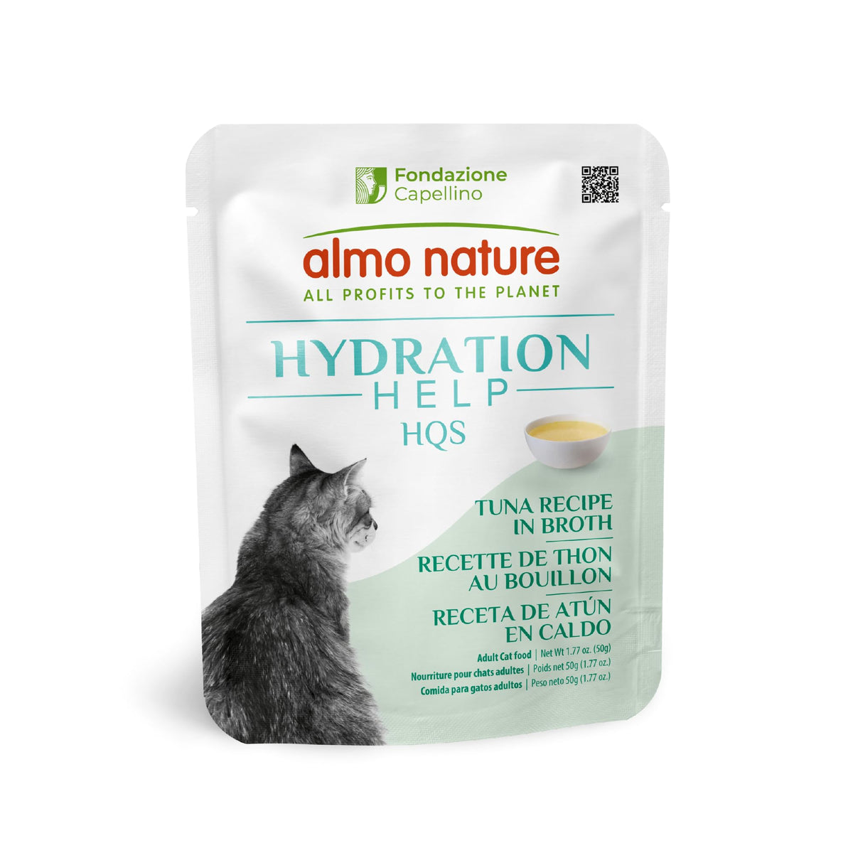 Almo Nature HQS bolsas de atún y caldo, apoyo a la hidratación diaria del gato.