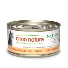 Almo Nature HQS: lata de atún y camarones en caldo abierta para porciones sabrosas.