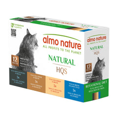 Empaque de 12 latas Almo Nature HQS, conveniencia para rotación de dieta.