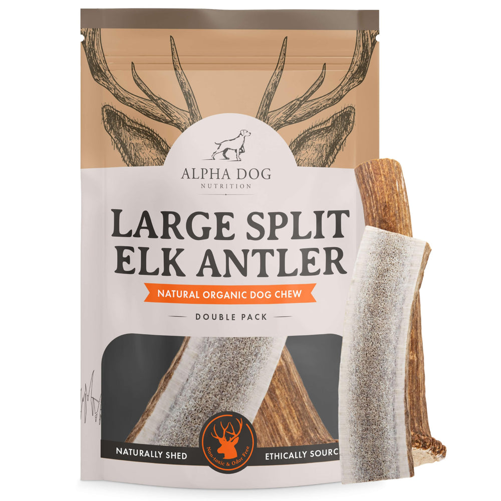 Asta de ciervo grande partido de Alpha Dog Nutrition para masticar duradero.