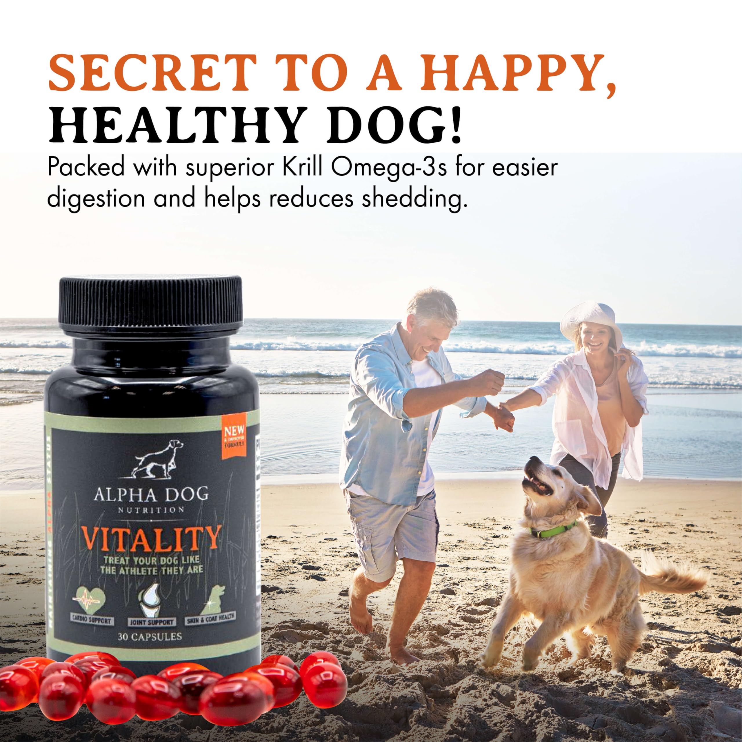 Perro con pelaje brillante gracias al aceite de krill Alpha Dog Nutrition.
