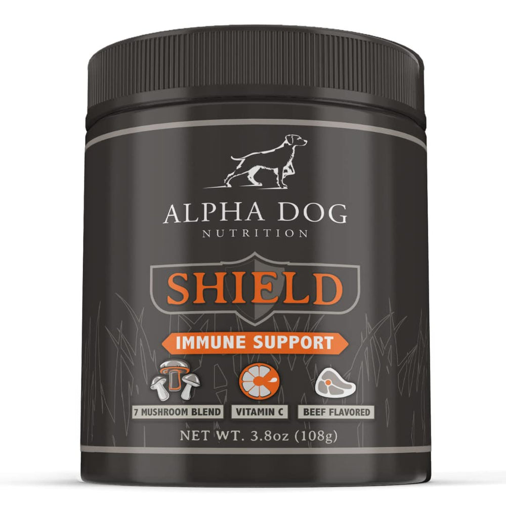 Shield Allergy de Alpha Dog Nutrition, botella frontal, apoya la inmunidad en perros pequeños.