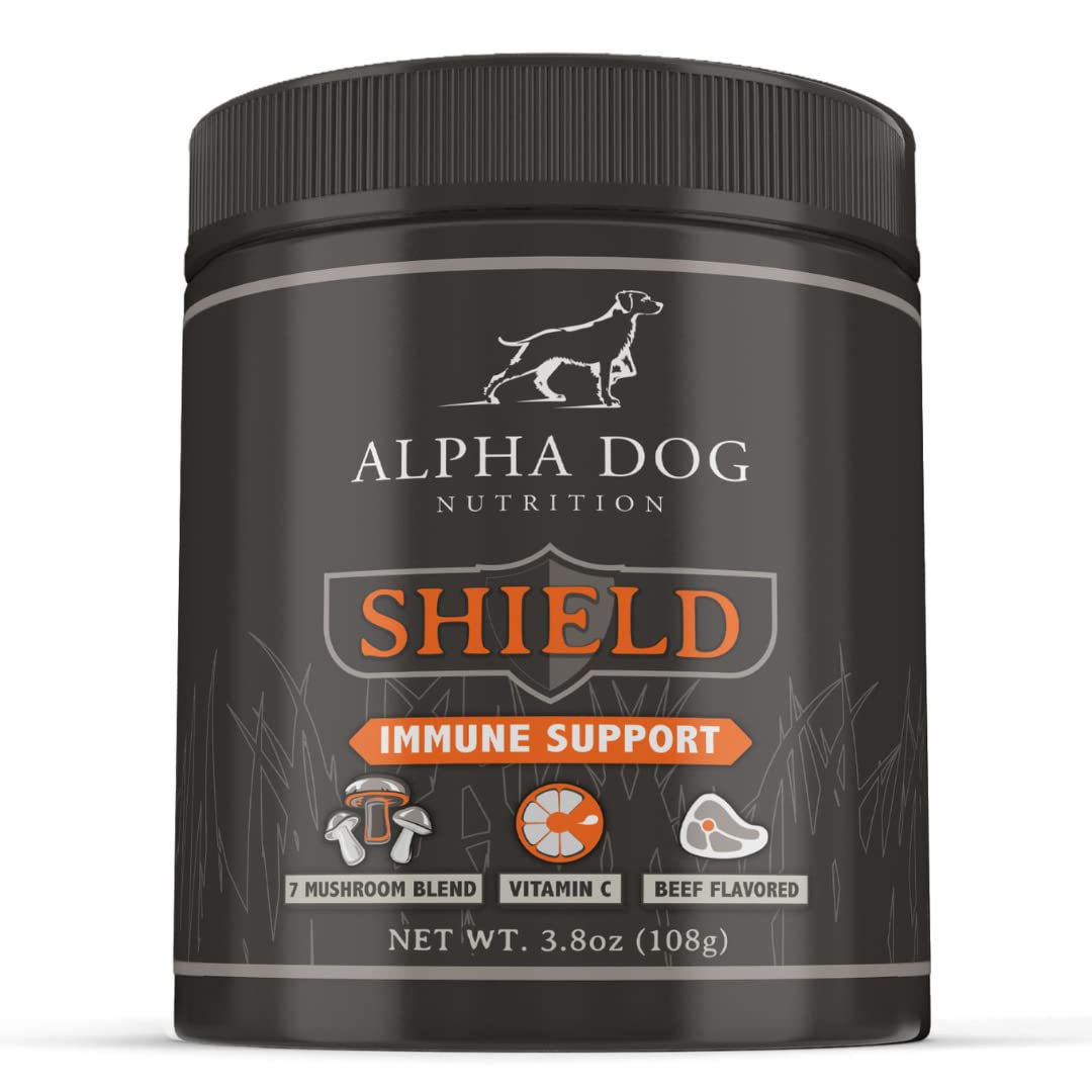 Shield Allergy de Alpha Dog Nutrition, botella frontal, apoya la inmunidad en perros pequeños.