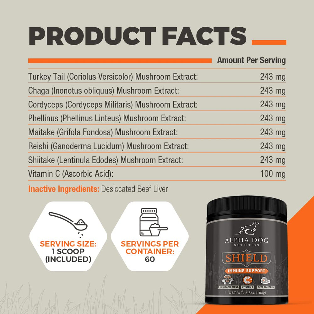 Shield Allergy de Alpha Dog Nutrition, mezcla de hongos y vitaminas, apoyo diario para perros pequeños.