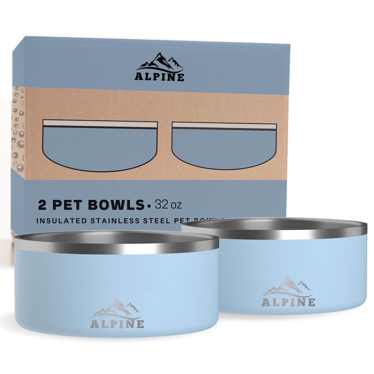 Alpine dobles cuencos aislados vistos de frente, ideales para comida y agua.