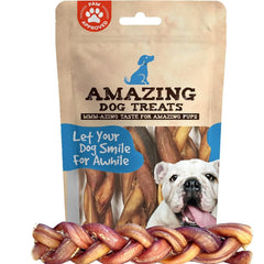 Amazing Dog Treats bully-stick trenzado de 6 piezas para masticación prolongada.