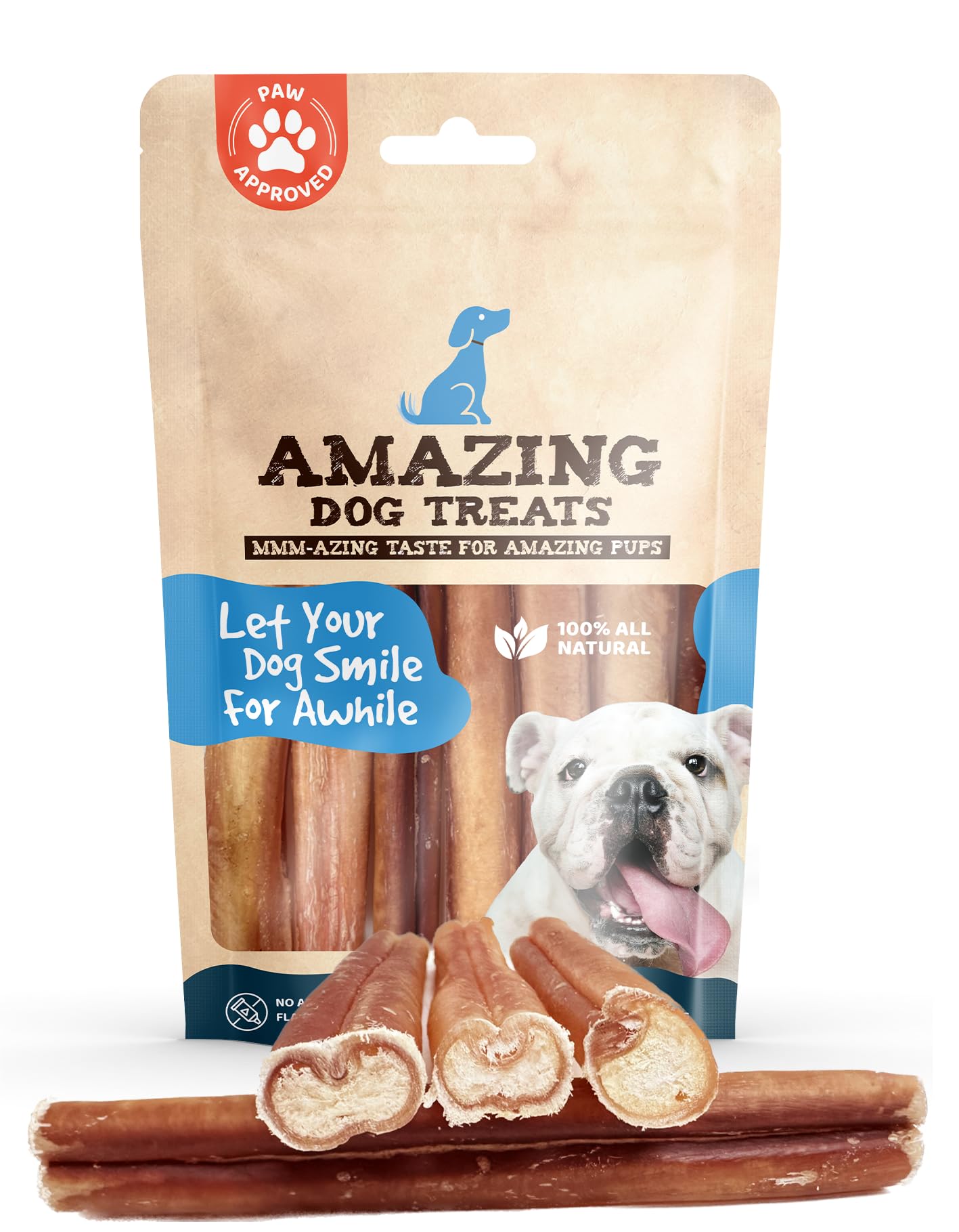 Amazing Dog Treats Bully Sticks de 6 pulgadas, masticación prolongada para perros grandes.